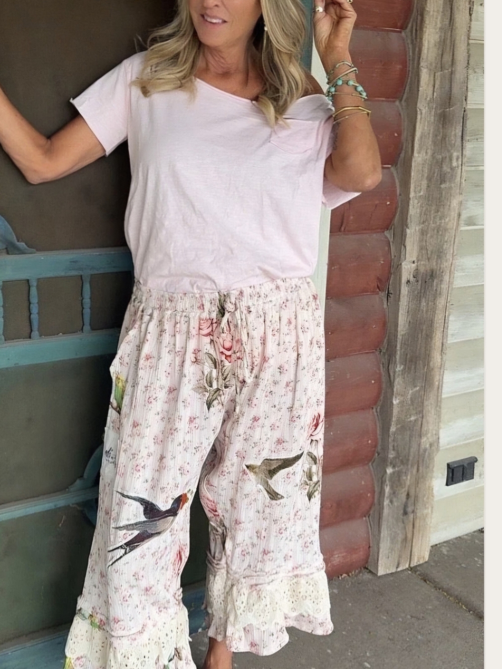 Floral Bird Print Elastic Waist Ruffle Hem Bottoms - Cream Xl New Without Tags - Picture 8 of 12